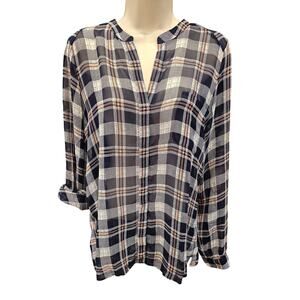 Joie Nura Plaid Silk Blouse Dark Navy Vintage Rose XS chiffon sheer long sleeve